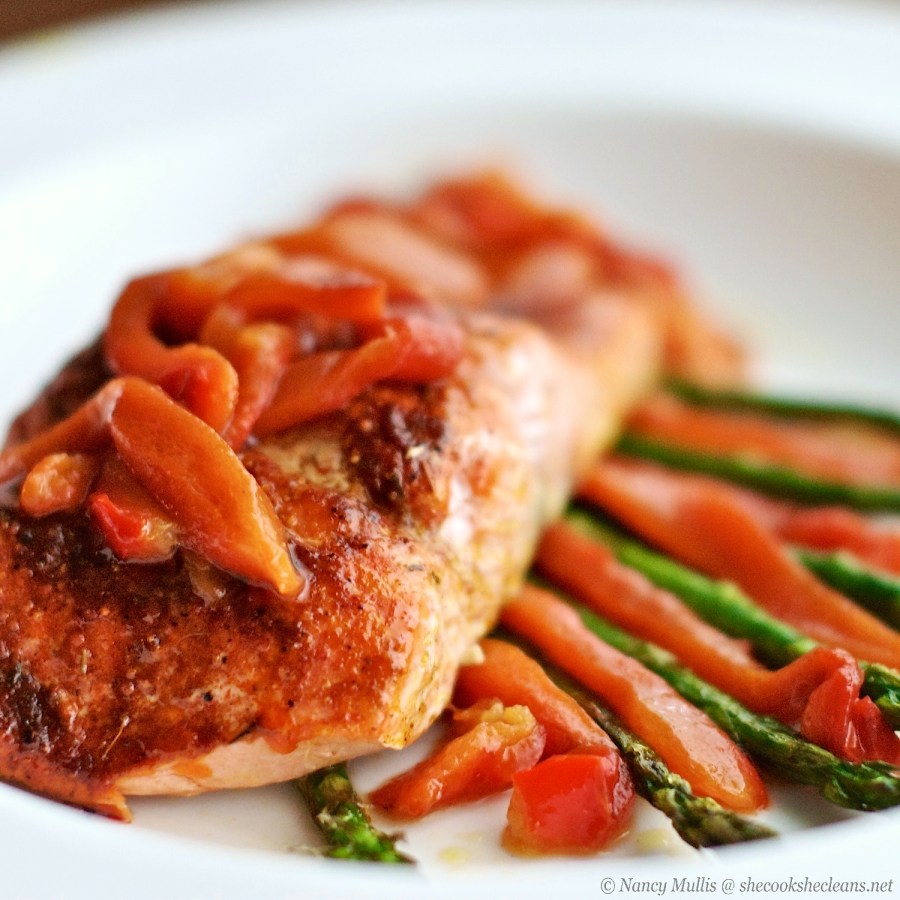 Salmon with Roasted Peppers and&nbsp;Asparagus