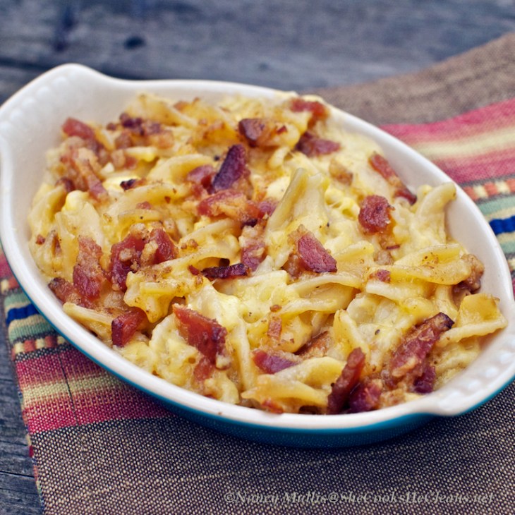 Mac n Cheese with Bacon Topping from She Cooks, He Cleans