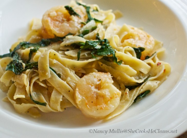 Shrimp Pasta with Kale and Garlic (gluten-free) from She Cooks, He Cleans