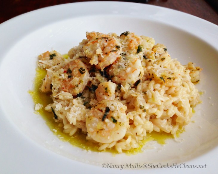 Shrimp scampi with risotto, from shecookshecleans.net